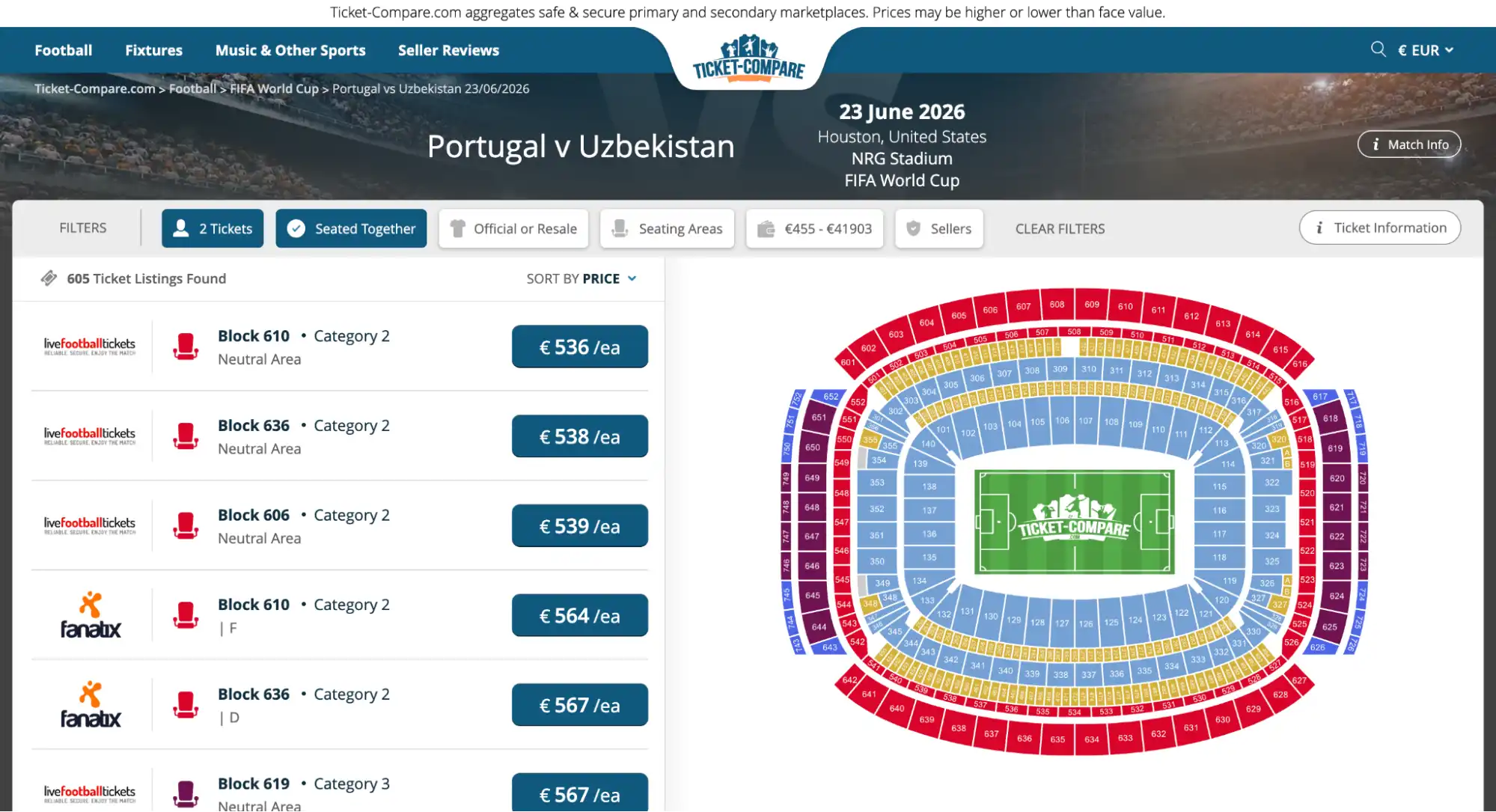 screenshot of Portugal vs Uzbekistan match tickets page on ticket-compare.com