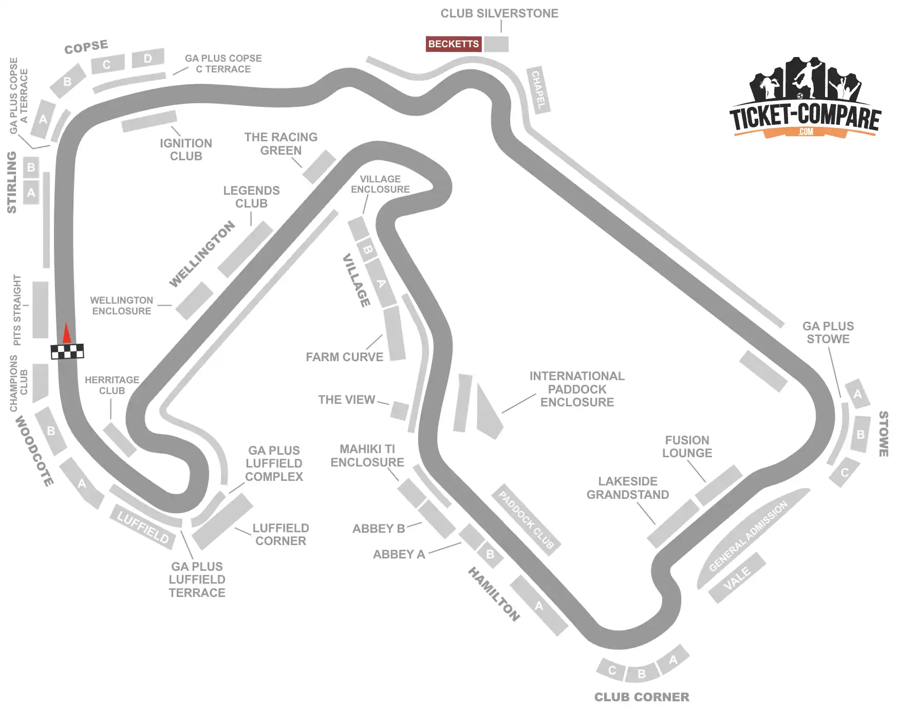 plan Silverstone surlignant la tribune Becketts