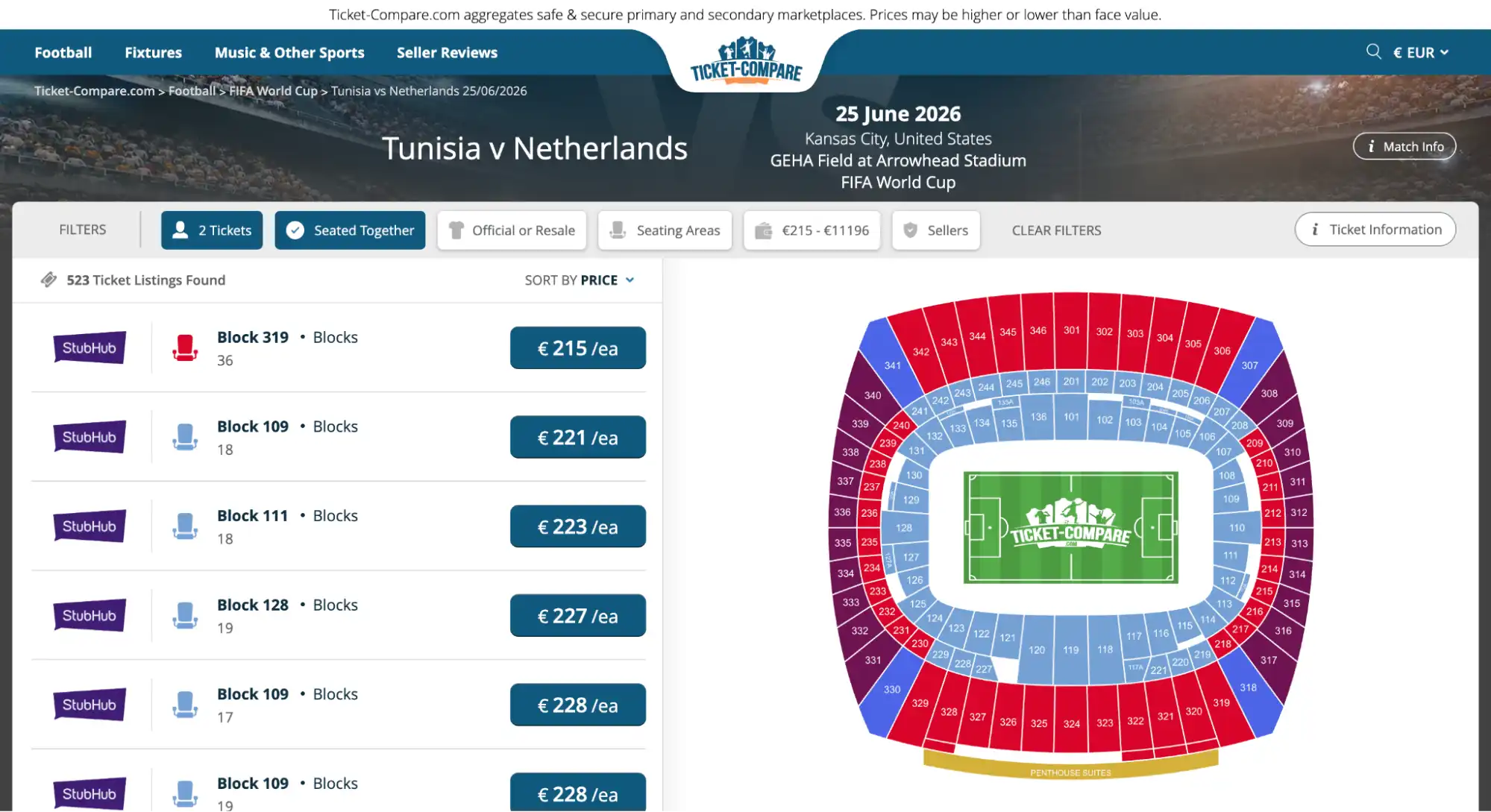screenshot of Tunisia vs Netherlands match tickets page