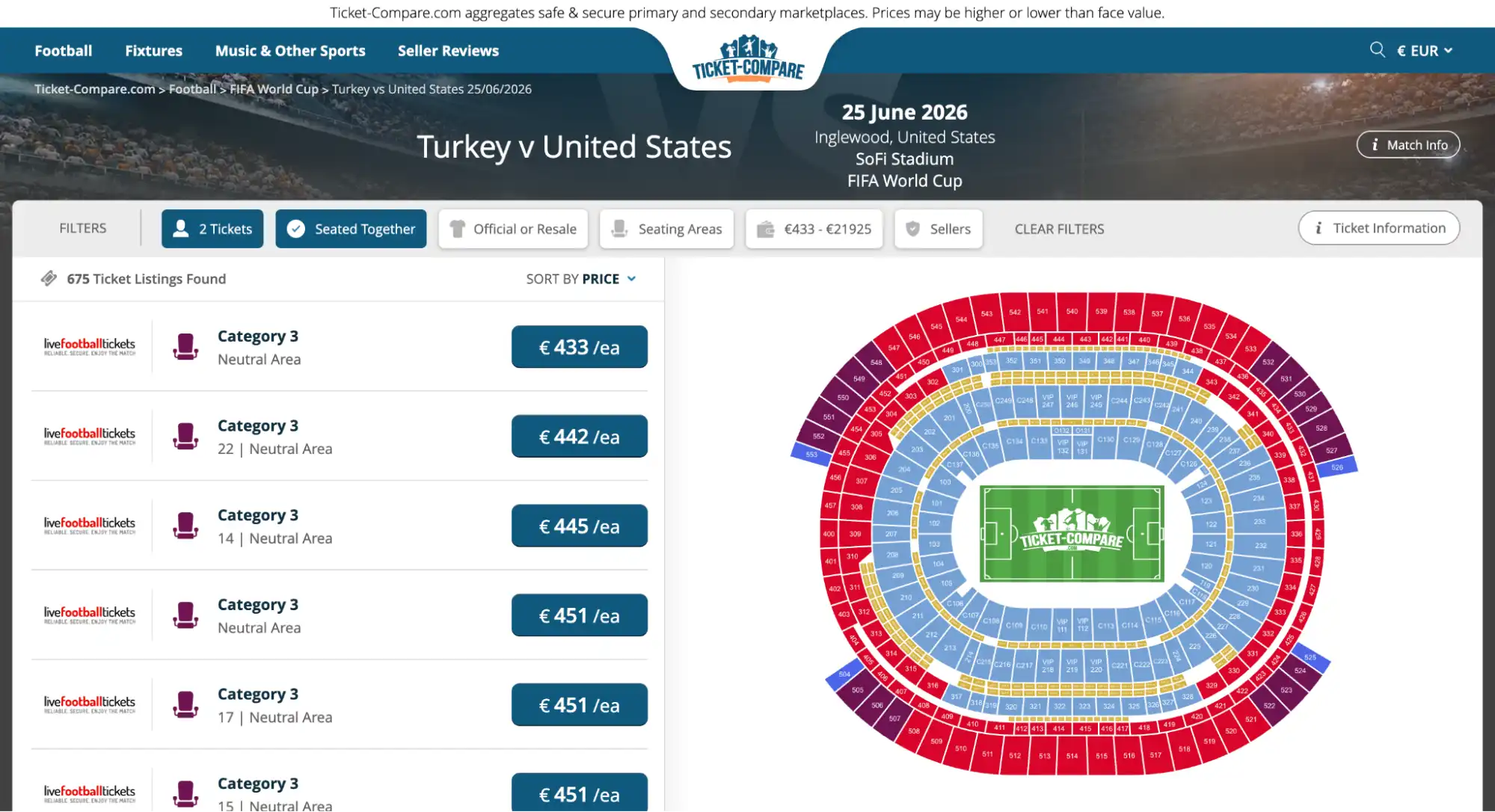 screenshot of Turkey vs United States match tickets page