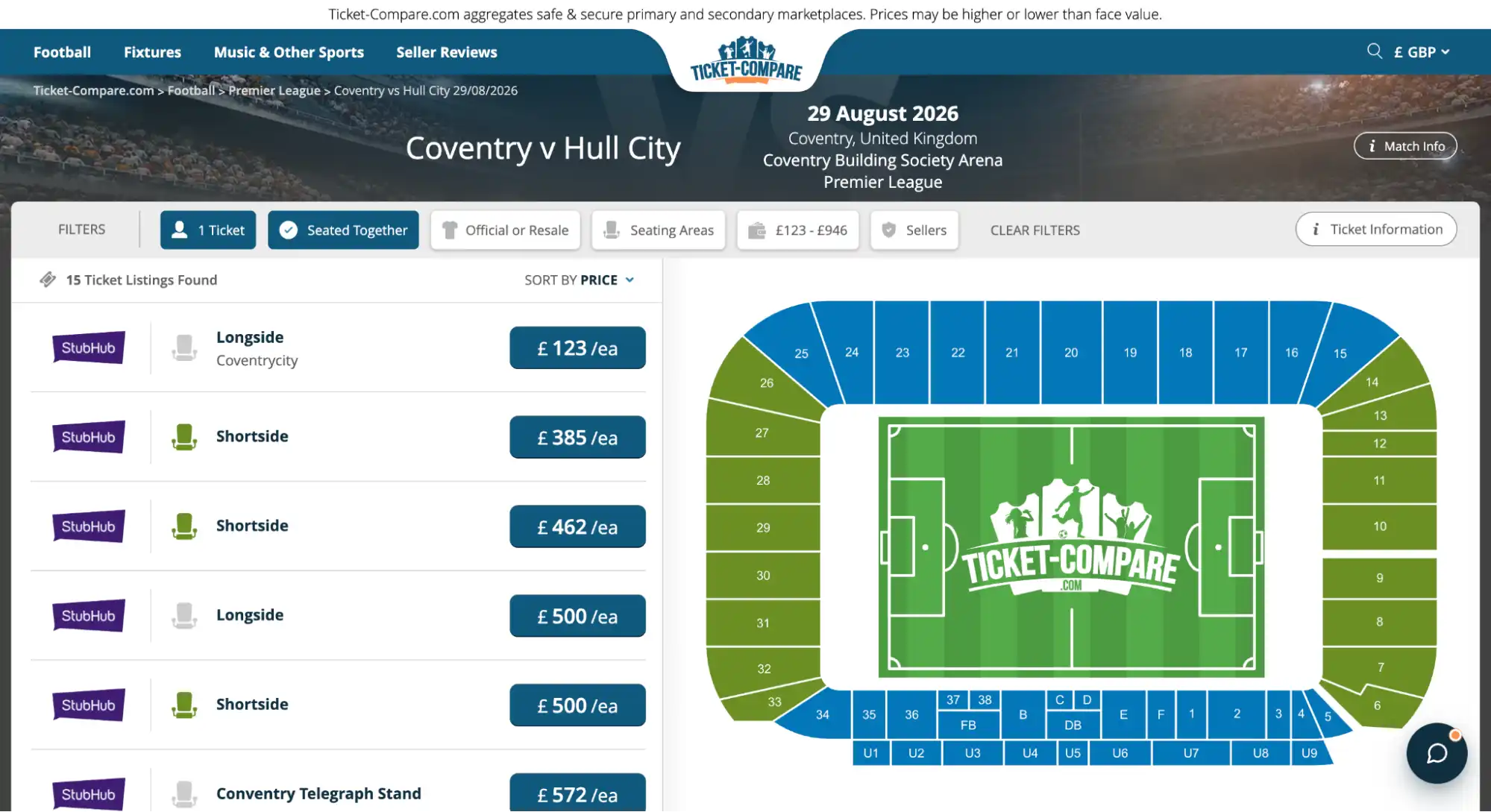 capture d’écran page billets Coventry vs Hull City