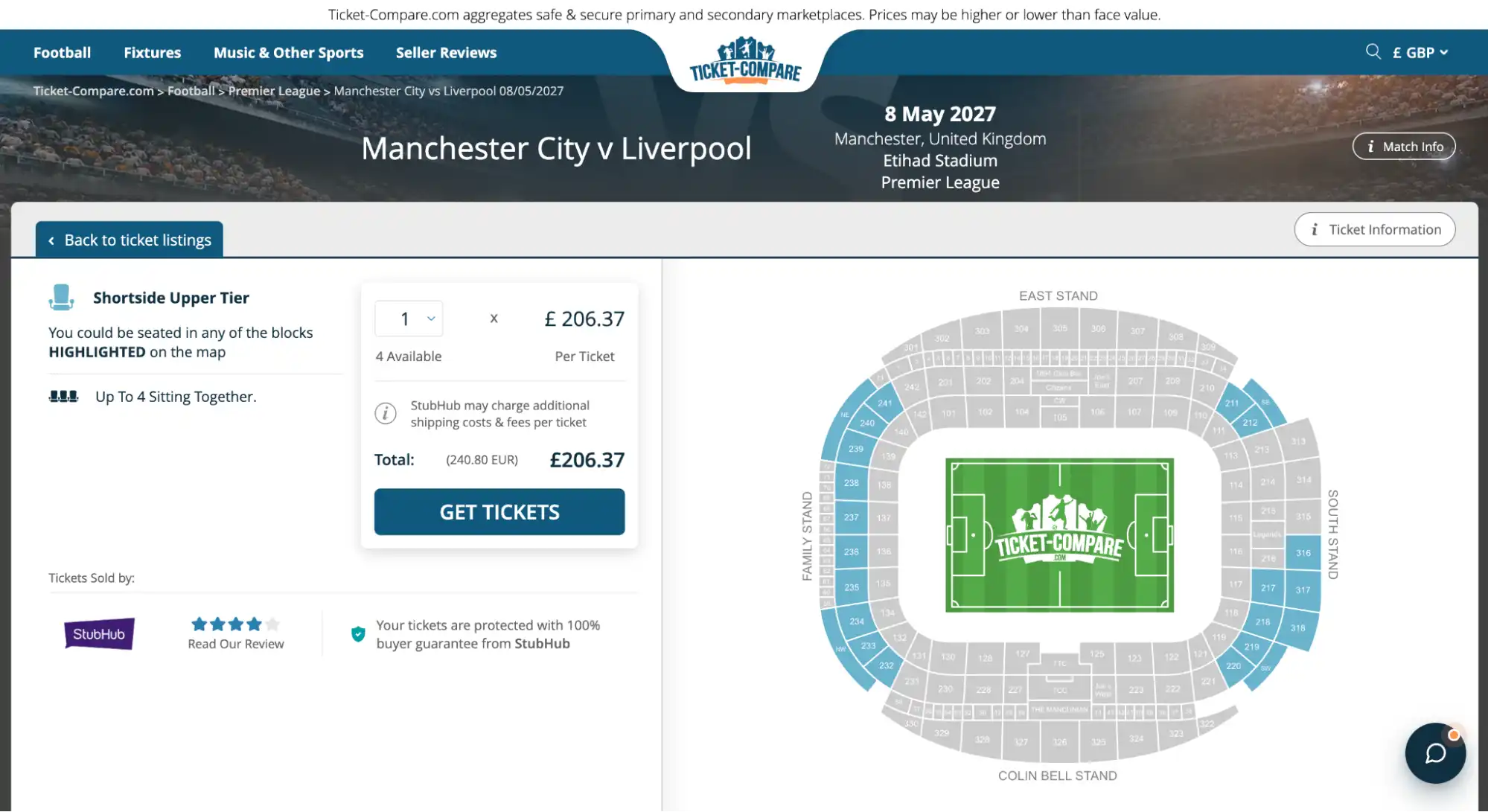 screenshot of Manchester City vs Liverpool Shortside Upper Tier tickets on Ticket-Compare.com
