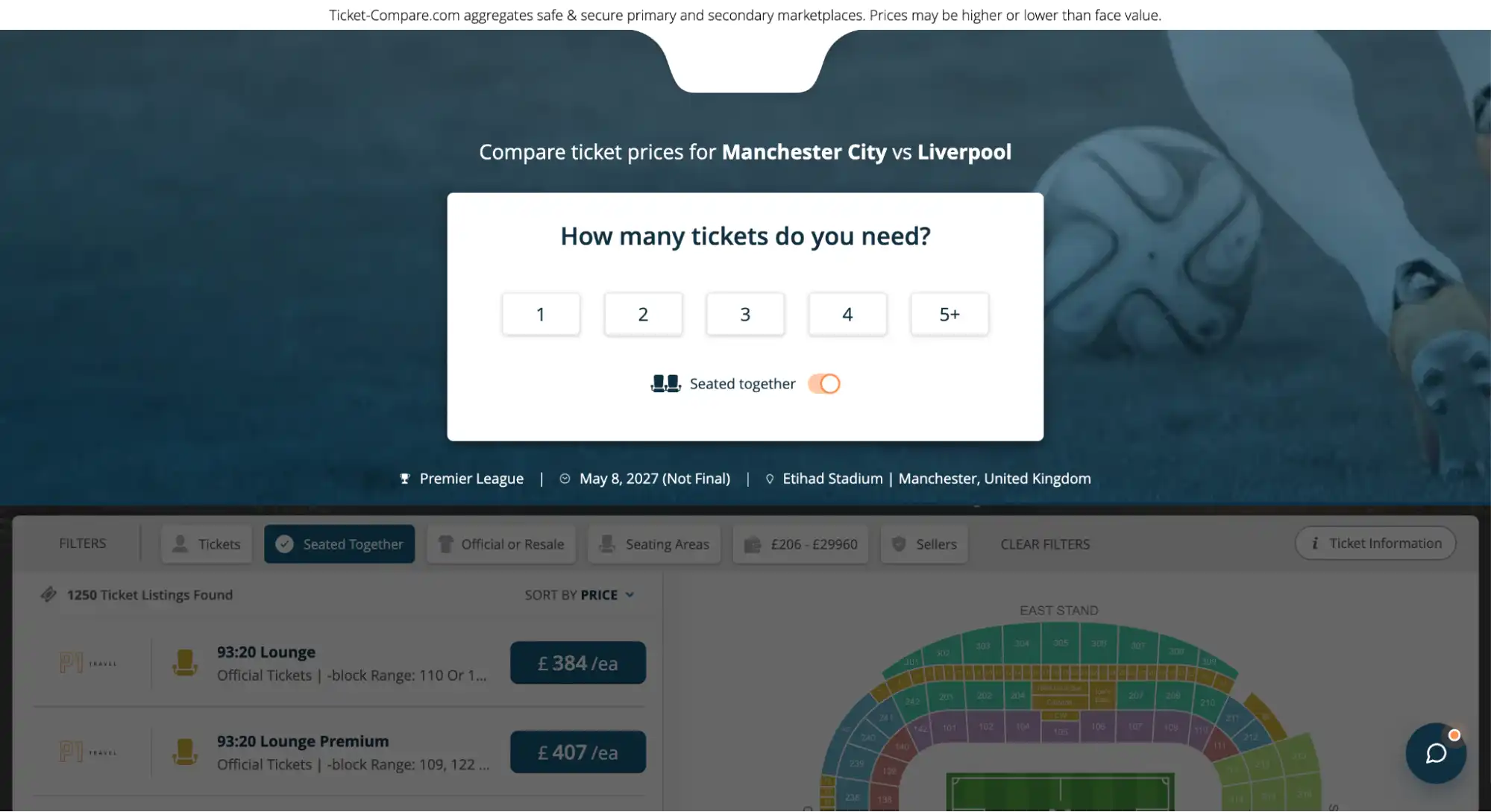 screenshot of Seat Together option on Premier League tickets page on Ticket-Compare.com