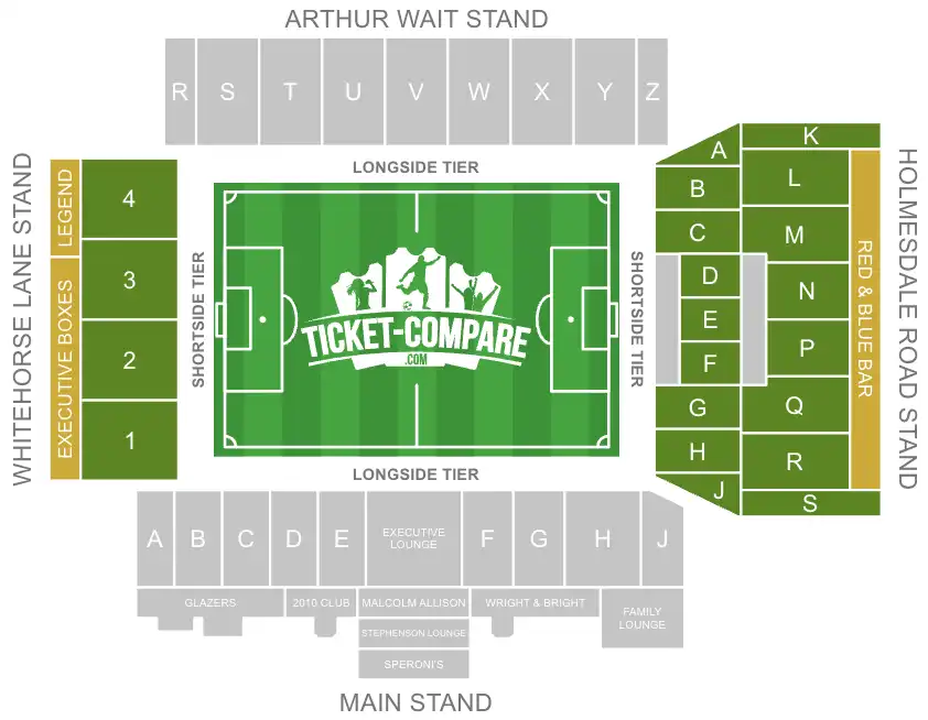 Screenshot of Selhurst Park Seating plan with the Holmesdale Road and Whitehorse Lane Stands highlighted