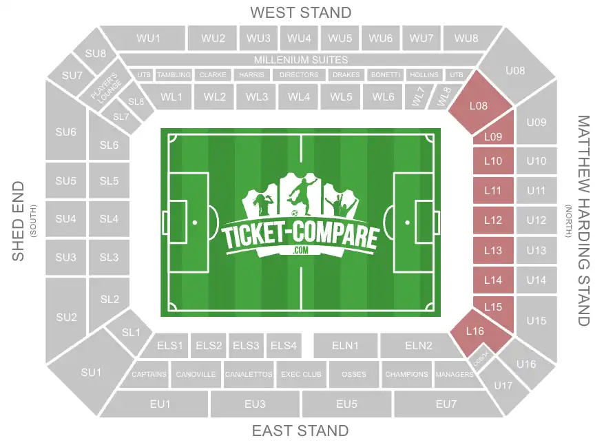 Screenshot of Stamford Bridge Seating Plan with highlighted L08-L16 blocks highlighted