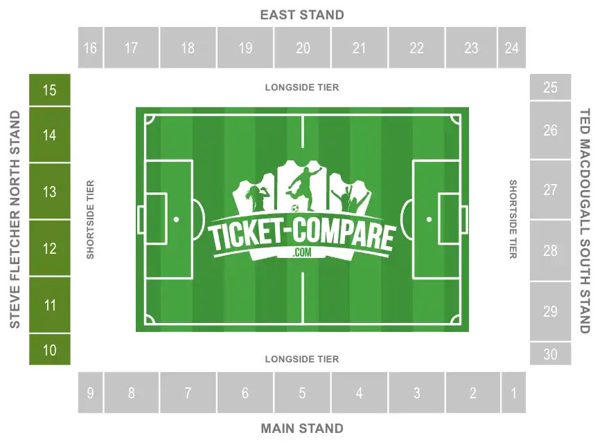 Plan des sièges Vitality Stadium Tribune Nord en surbrillance