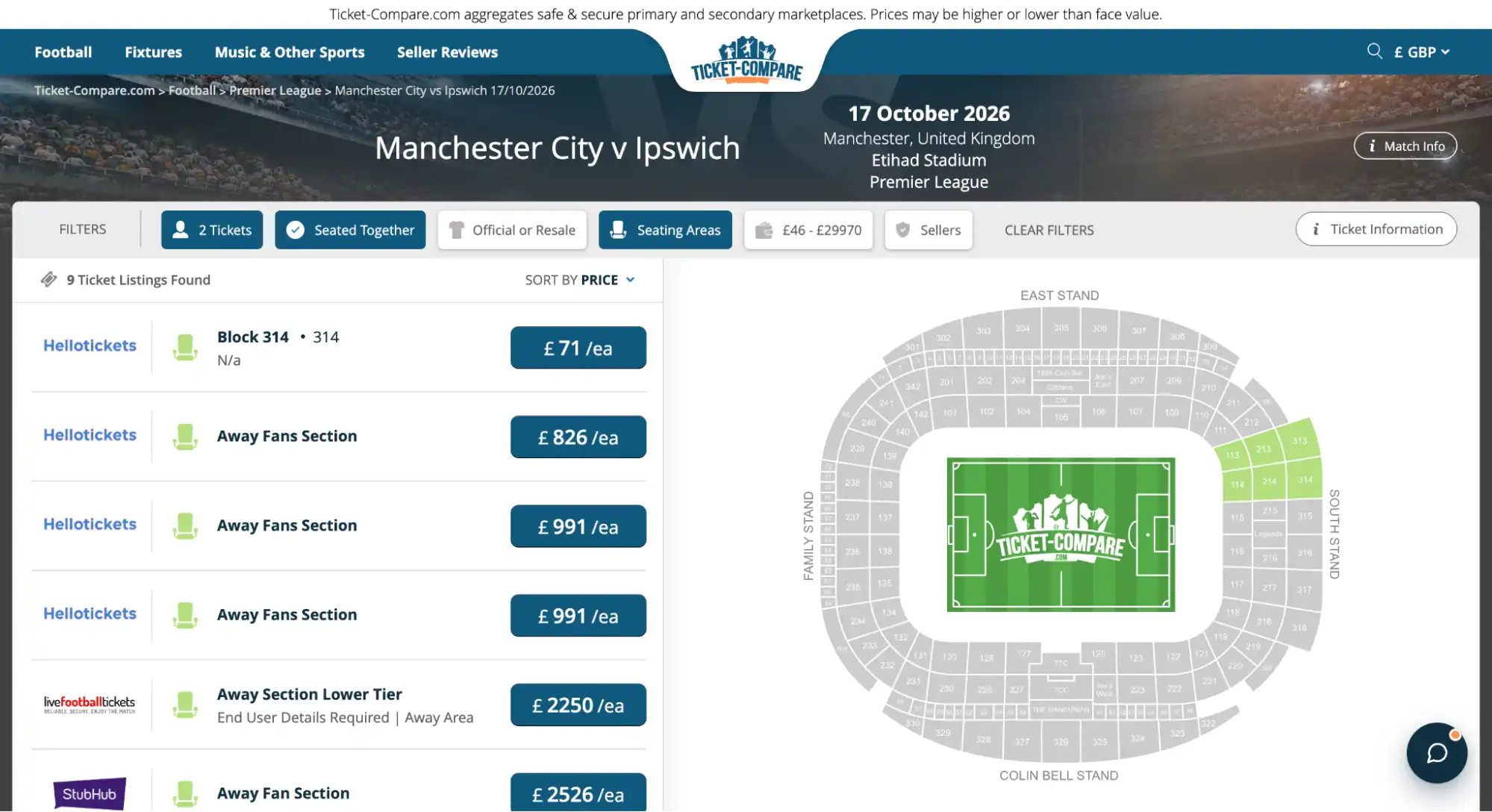 capture écran Billetterie Manchester City – Ipswich