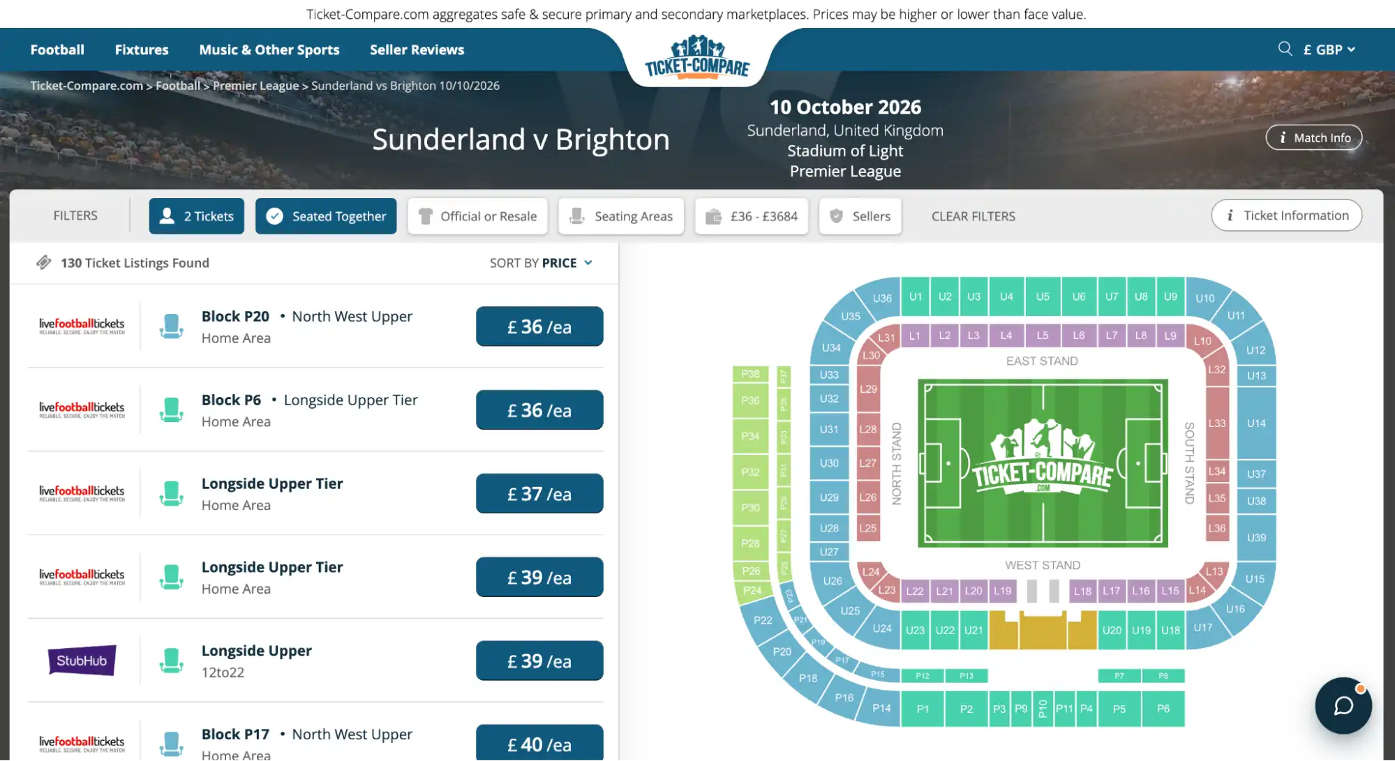 capture Billets Sunderland v Brighton